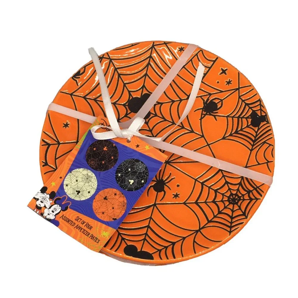 x4 Zrike DISNEY Halloween MICKEY MOUSE Orange Spiderweb Plate Set Appetizer NEW